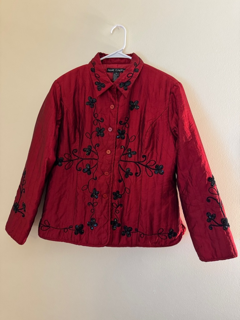 ANNE CARSON Black & Red Embroidered Floral Sequin Quilted Silk Jacket